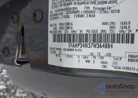 2007 Ford Focus S/Se/Ses from USA, damaged, VIN 1FAHP34N37W364884